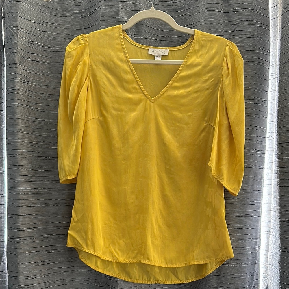 Yellow Puff Sleeve Asymmetrical Blouse